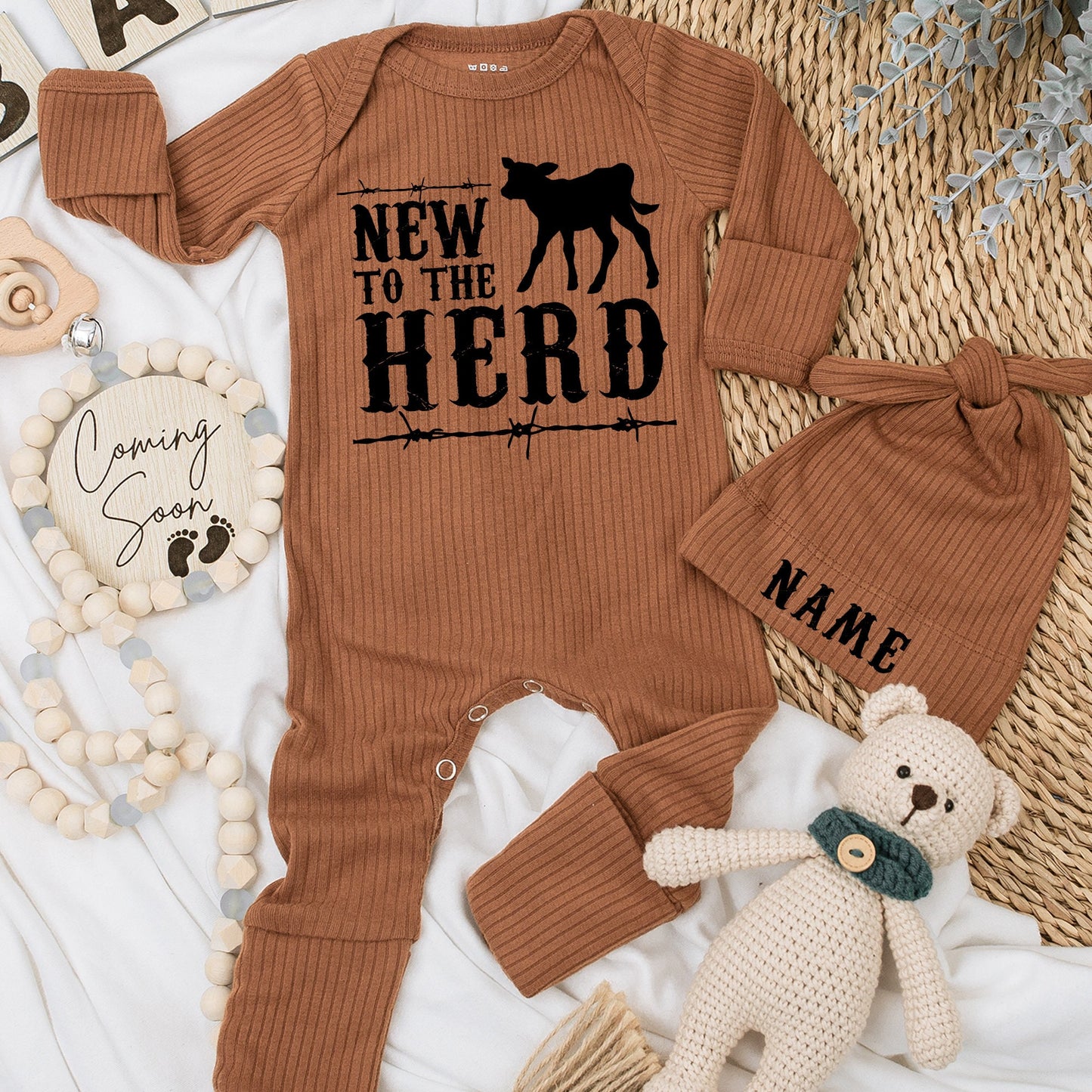 New to the Herd Baby Bodysuit Set, Country Baby Shower Gift, Cow Outfit, Cute Baby Announcement, Farm Baby Clothing, Newborn Gift, Soft Cotton