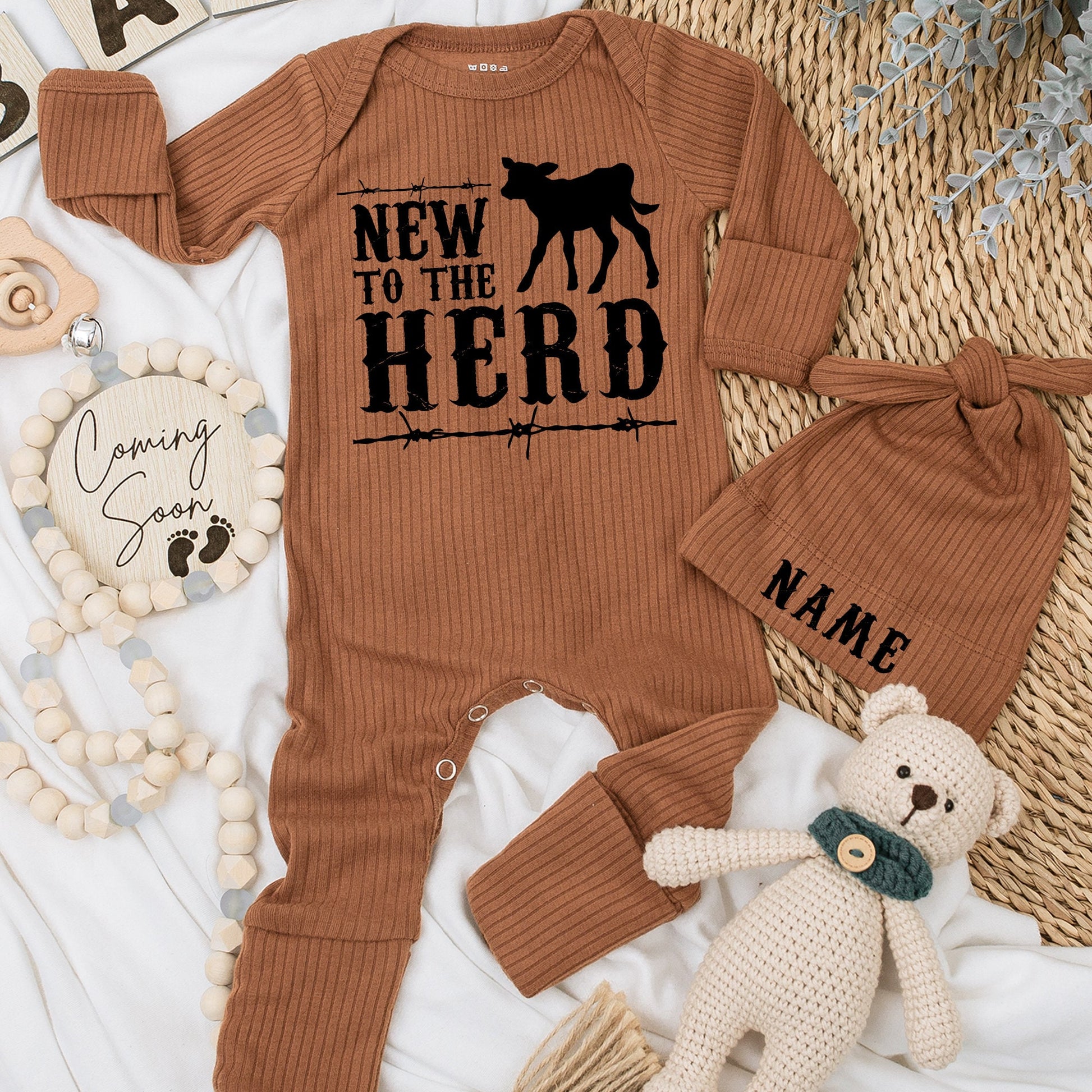 New to the Herd Baby Bodysuit Set, Country Baby Shower Gift, Cow Outfit, Cute Baby Announcement, Farm Baby Clothing, Newborn Gift, Soft Cotton