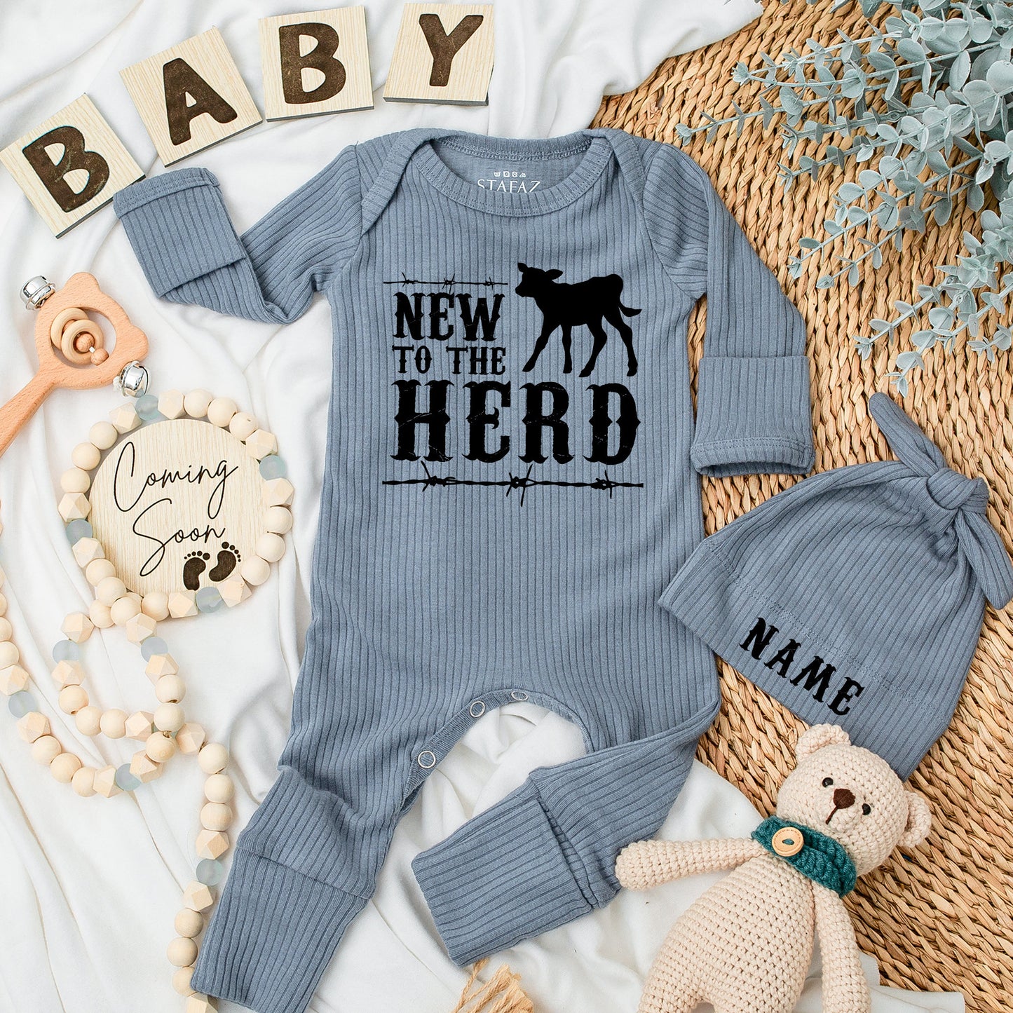 New to the Herd Baby Bodysuit Set, Country Baby Shower Gift, Cow Outfit, Cute Baby Announcement, Farm Baby Clothing, Newborn Gift, Soft Cotton