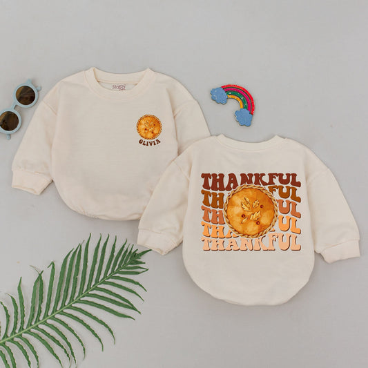 Personalized Pumpkin Pie Baby Romper with Autumn Leaves Thankful Fall Thanksgiving Bodysuit Girls Newborn Cute Retro Design Baby Shower Gift