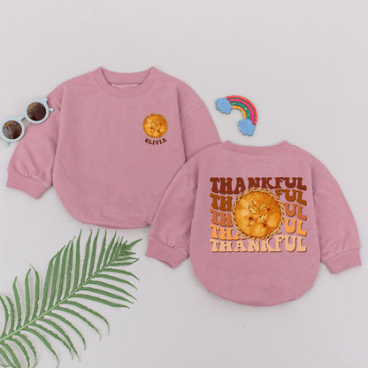 Personalized Pumpkin Pie Baby Romper with Autumn Leaves Thankful Fall Thanksgiving Bodysuit Girls Newborn Cute Retro Design Baby Shower Gift