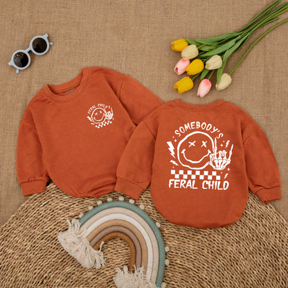 Somebody's Feral Child Romper with Checkered Flag and Middle Finger Skeleton Hand Graphic Funny Baby Bodysuit for Trendy Kids