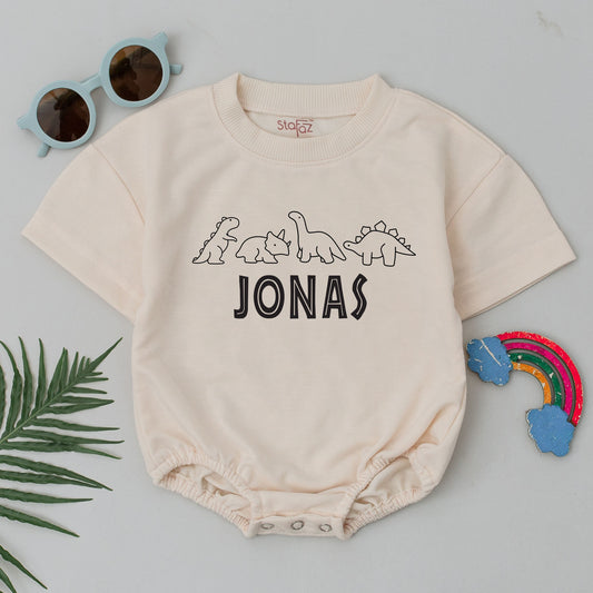 Personalized Dinosaur Baby Romper with Custom Name Bubble Bodysuit Universal Studios Inspired Outfit for Little Boys Coming Home Birthday Gift