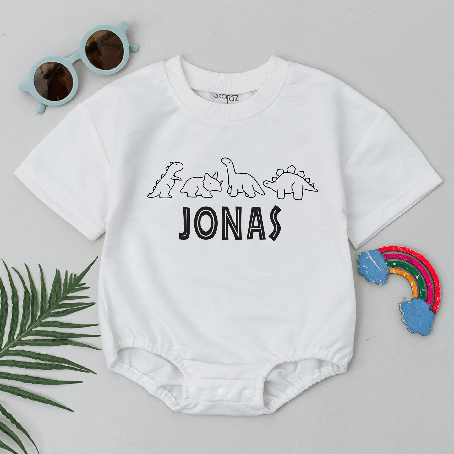 Personalized Dinosaur Baby Romper with Custom Name Bubble Bodysuit Universal Studios Inspired Outfit for Little Boys Coming Home Birthday Gift