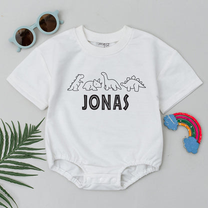 Personalized Dinosaur Baby Romper with Custom Name Bubble Bodysuit Universal Studios Inspired Outfit for Little Boys Coming Home Birthday Gift