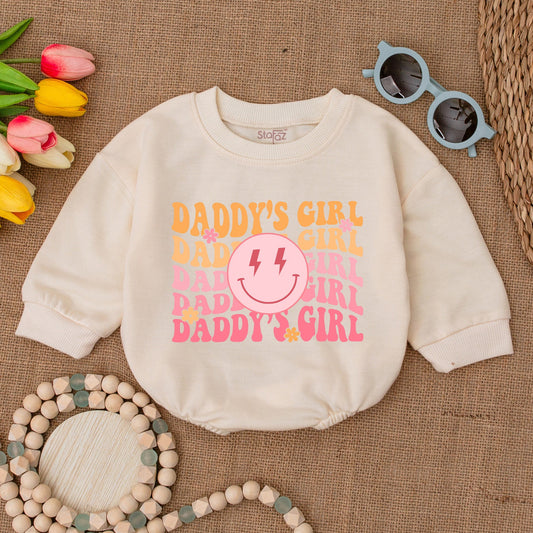 Daddy's Girl Retro Romper with Smiley Face Lightning Bolts Baby Girl Outfit Bubble Romper Newborn Gift Father's Day Present Cute