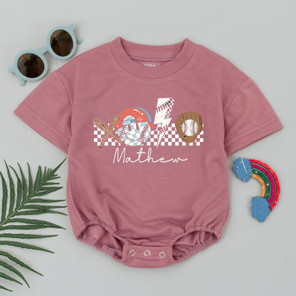 Personalized Game Day Baseball Romper Retro Baby Outfit Custom Name Number Little Slugger Short Sleeve Bubble Boy Clothes Gameday Season Newborn Gift