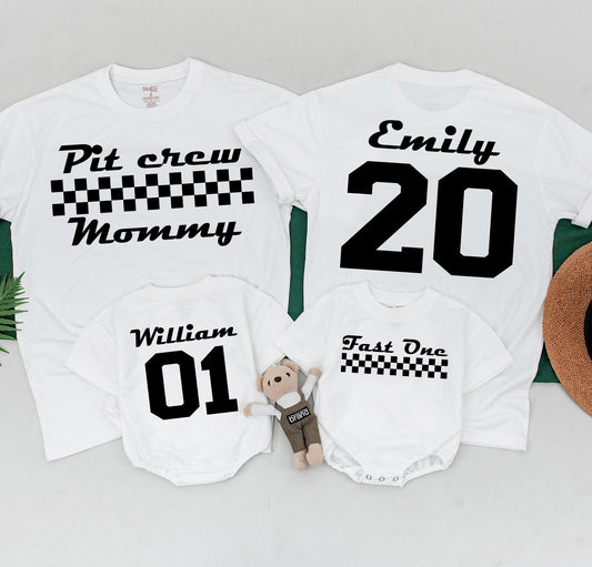 Fast One Race Car Family Matching Birthday Shirts for 1st Birthday Boy Outfit with Checkered Flag Design Pit Crew Mommy Tee