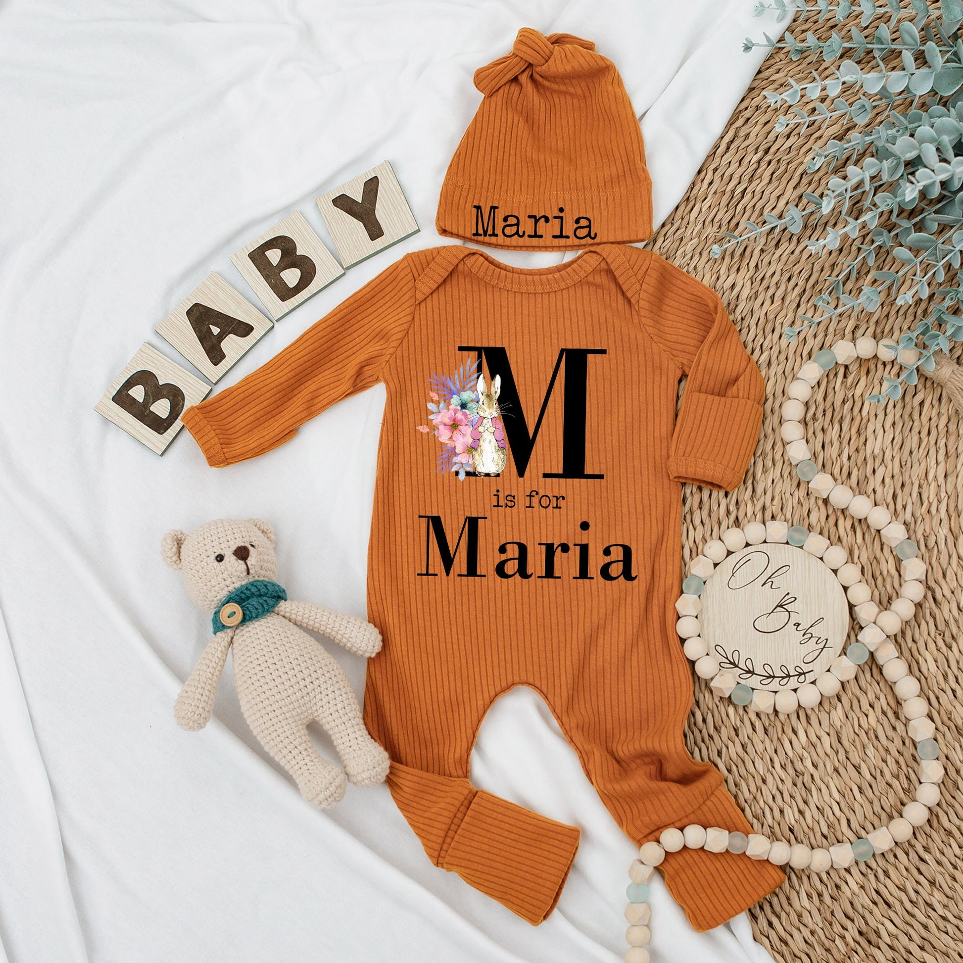 Personalized Maria Rabbit Baby Bodysuit Hat Set Soft Pink Watercolor Floral New Girl Gift Coming Home Outfit Babygrow