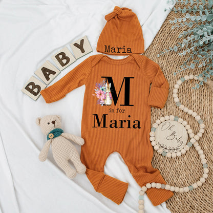 Personalized Maria Rabbit Baby Bodysuit Hat Set Soft Pink Watercolor Floral New Girl Gift Coming Home Outfit Babygrow
