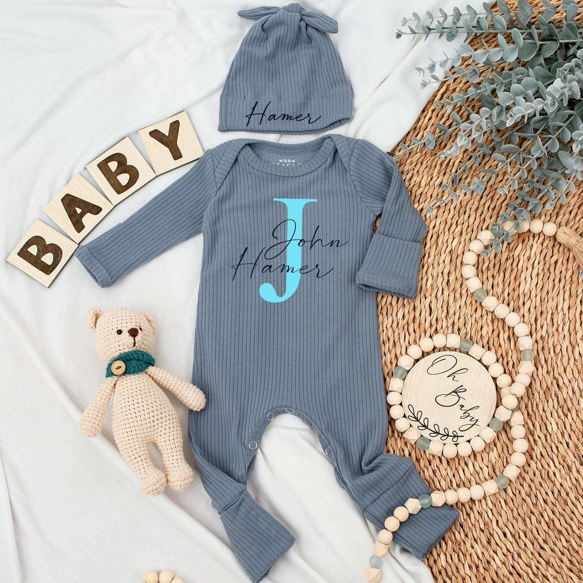 Baby Boy Coming Home Monogrammed Gray Footie with Light Blue J Initial and Dark Blue John Hamer Name Newborn Photo Outfit Baby Shower Gift