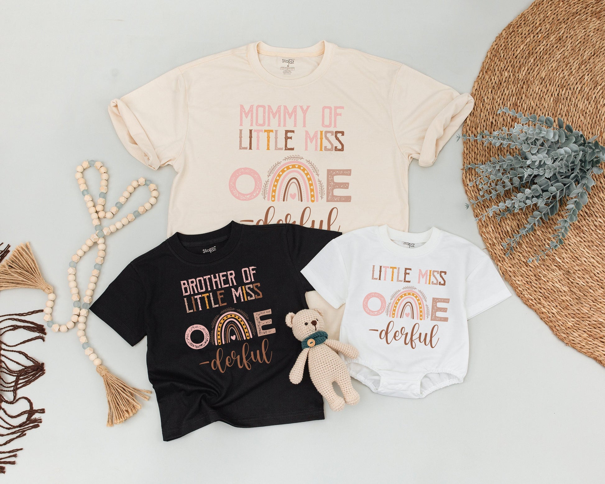 Boho Rainbow First Birthday Shirt Little Miss ONEderful Cake Smash Outfit Girls Birthday Family Matching Rainbow