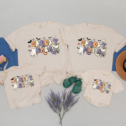 Spooky One Birthday Halloween T-Shirt Mommy and Me Matching Family Outfits Retro Ghost Bat Design