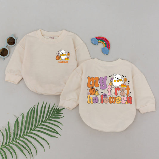 Personalized My First Halloween Romper Baby Girl Cute Retro Ghost Pumpkin Design Whimsical Newborn Bodysuit Spooky Season Gift