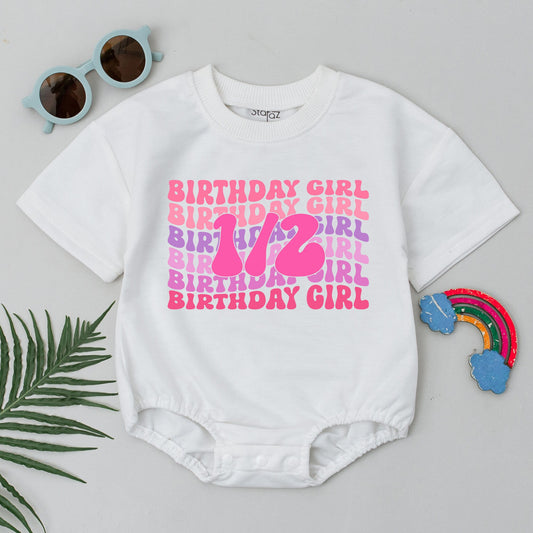 Birthday Girl Romper "1/2" Retro Pink Purple Half Birthday Outfit Baby Girl 6 Months Gift