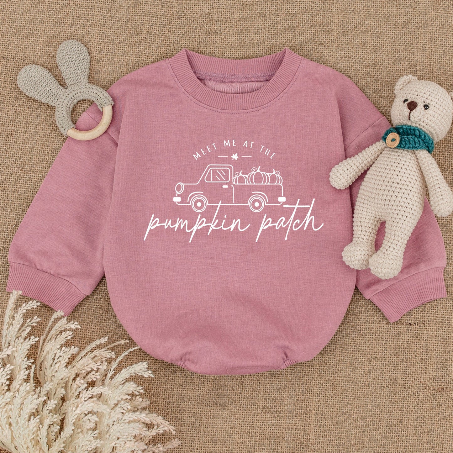 Natural Baby Romper Whimsical Vintage Truck Pumpkin Patch Design, Fall Toddler Bodysuit for Funny Thanksgiving Day Baby Shower Gift