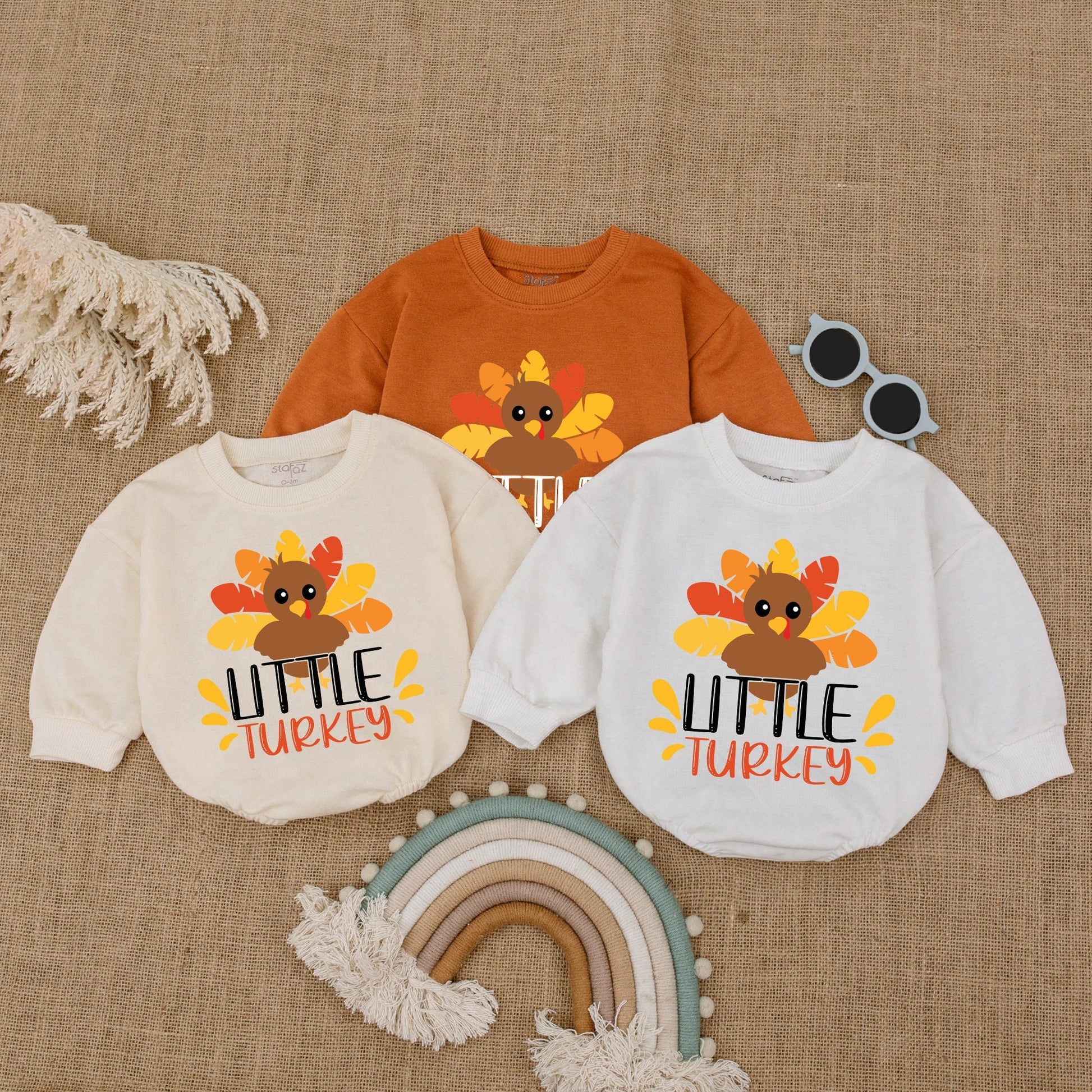 Cute Little Turkey Retro Natural Baby Romper Thanksgiving Bodysuit Bright Feather Design Autumn Kids Baby Shower Gift