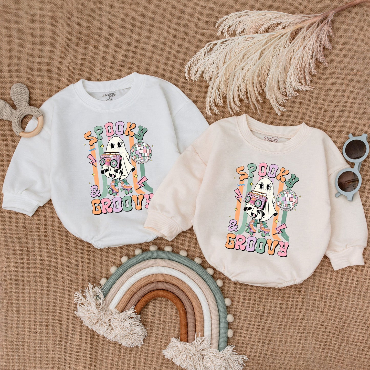 Spooky Groovy Baby Boy Bodysuit My First Halloween Outfit Retro Ghost Roller Skate Boombox Disco Ball Bubble Romper Pastel Vintage Costume