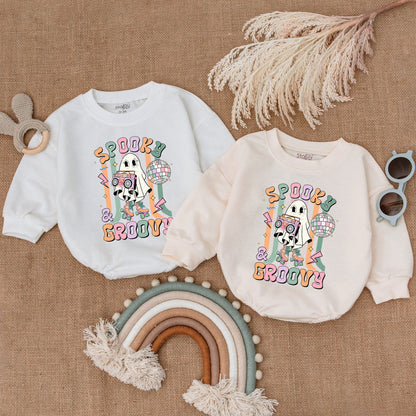 Spooky Groovy Baby Boy Bodysuit My First Halloween Outfit Retro Ghost Roller Skate Boombox Disco Ball Bubble Romper Pastel Vintage Costume