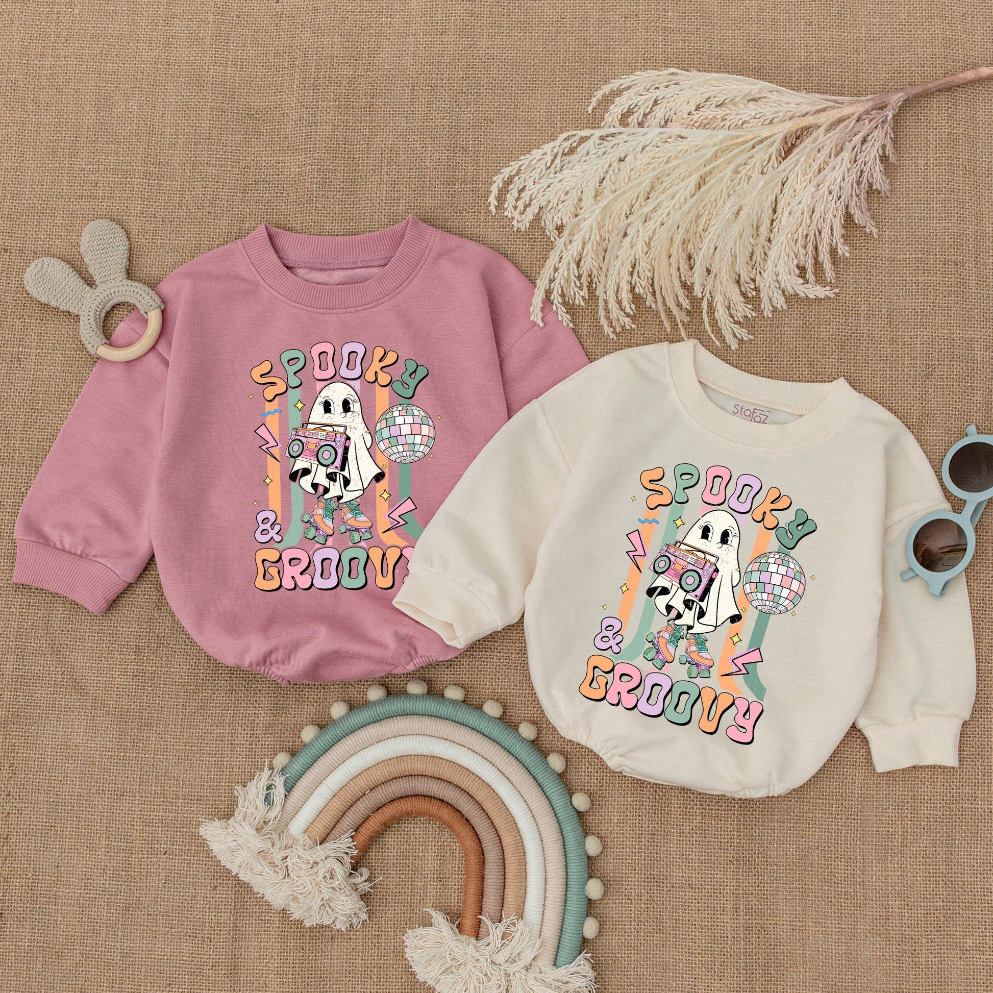 Spooky Groovy Baby Boy Bodysuit My First Halloween Outfit Retro Ghost Roller Skate Boombox Disco Ball Bubble Romper Pastel Vintage Costume