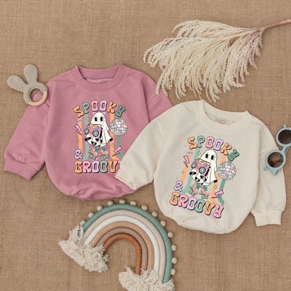 Spooky Groovy Baby Boy Bodysuit My First Halloween Outfit Retro Ghost Roller Skate Boombox Disco Ball Bubble Romper Pastel Vintage Costume