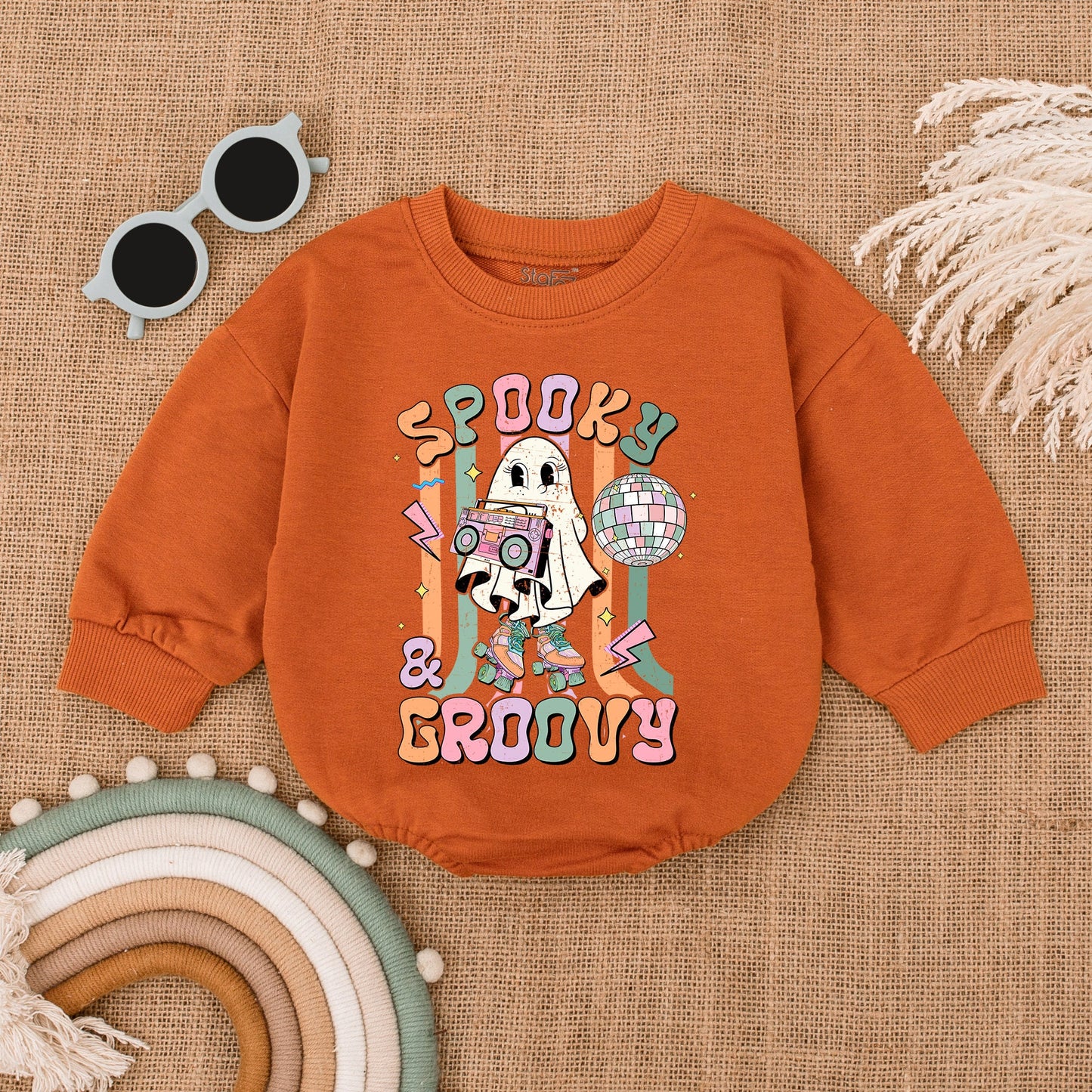 Spooky Groovy Baby Boy Bodysuit My First Halloween Outfit Retro Ghost Roller Skate Boombox Disco Ball Bubble Romper Pastel Vintage Costume