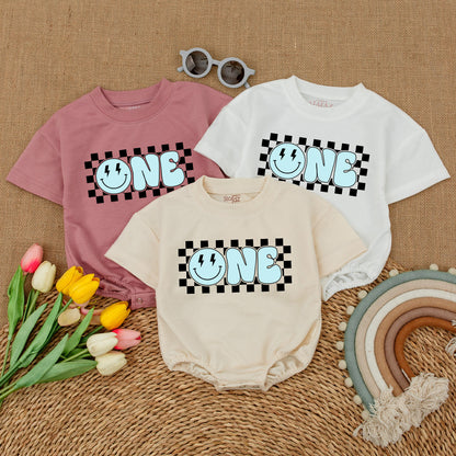 Blue One Happy Dude Romper Smiley Face Baby Boy First Birthday Outfit Matching Family Celebration Retro Checkerboard Cake Smash