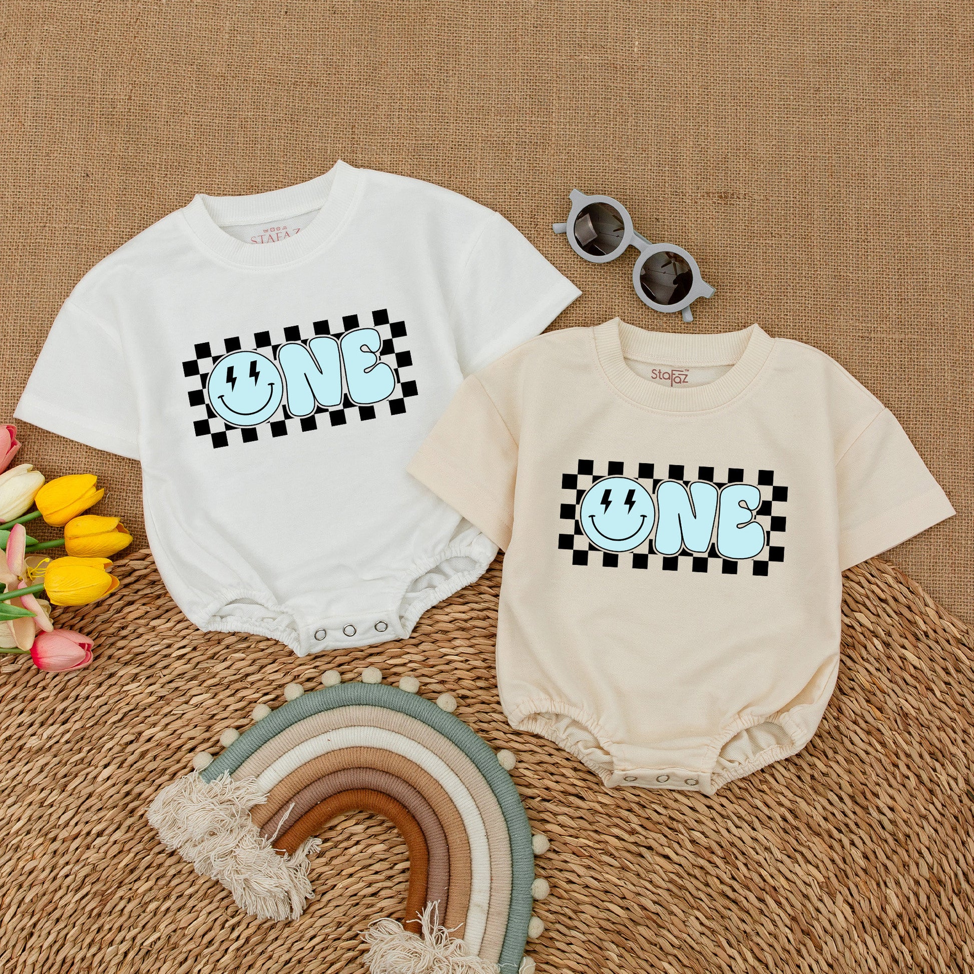 Blue One Happy Dude Romper Smiley Face Baby Boy First Birthday Outfit Matching Family Celebration Retro Checkerboard Cake Smash