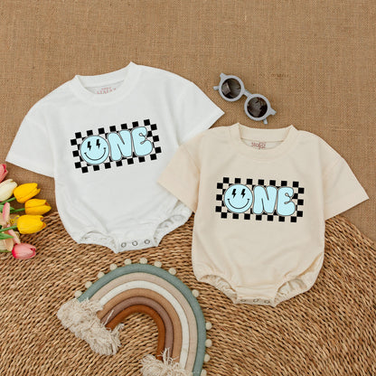 Blue One Happy Dude Romper Smiley Face Baby Boy First Birthday Outfit Matching Family Celebration Retro Checkerboard Cake Smash