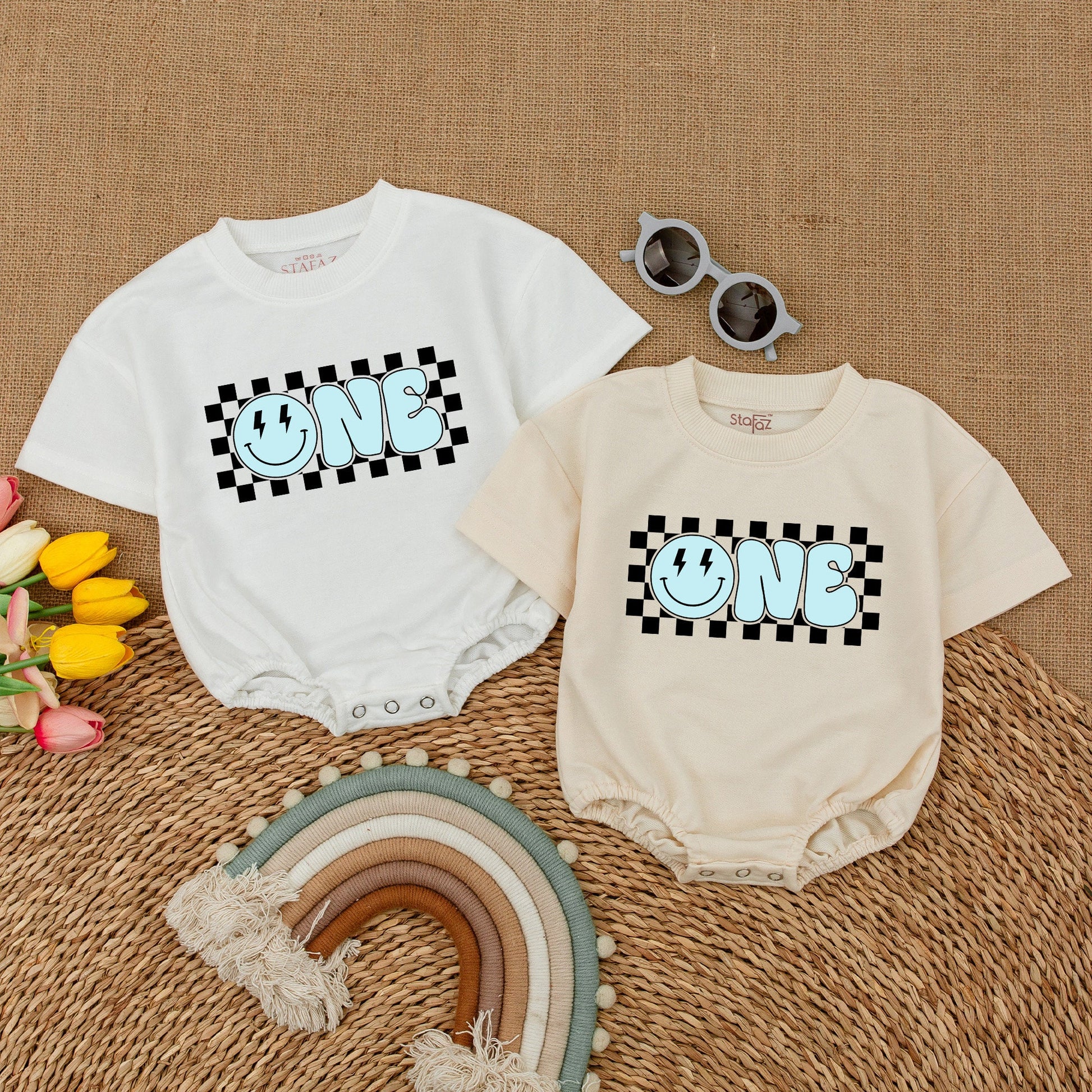 Blue Smiley Face Romper – First Birthday Outfit & Cake Smash Suit