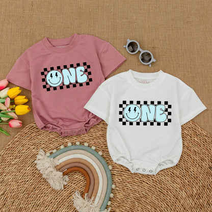 Blue Smiley Face Romper – First Birthday Outfit & Cake Smash Suit