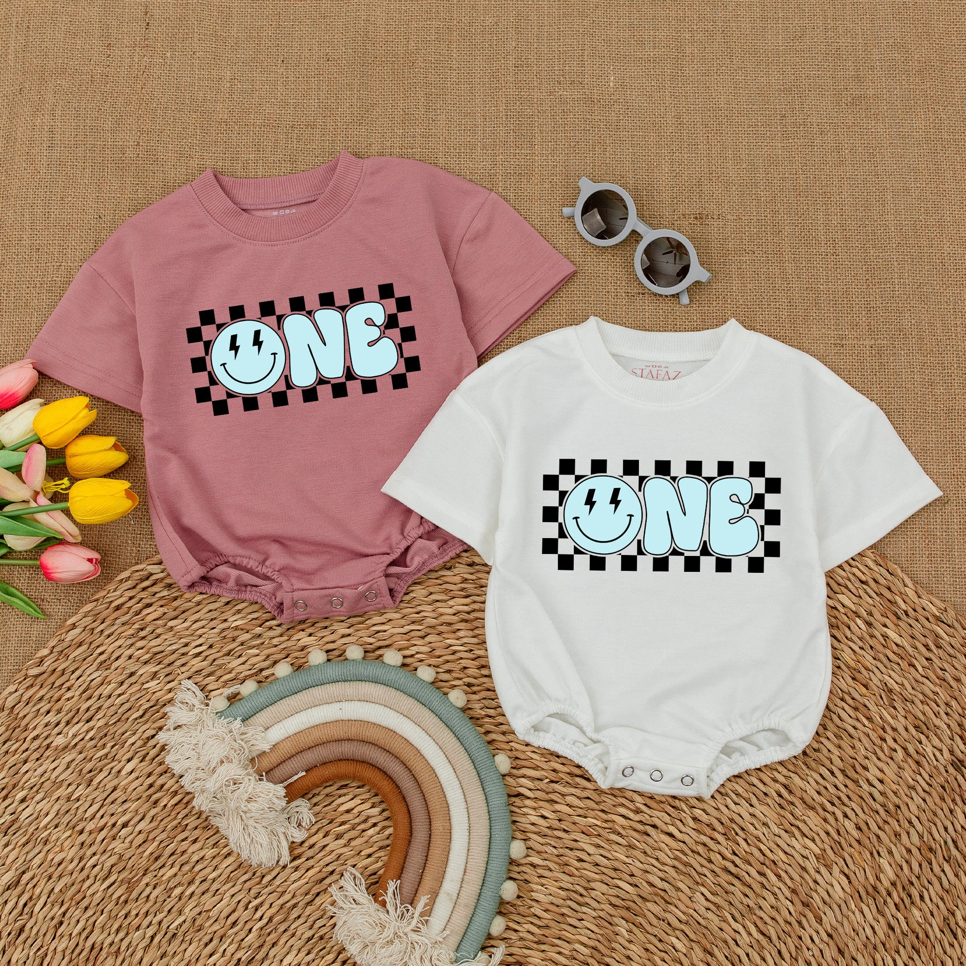 Blue One Happy Dude Romper Smiley Face Baby Boy First Birthday Outfit Matching Family Celebration Retro Checkerboard Cake Smash