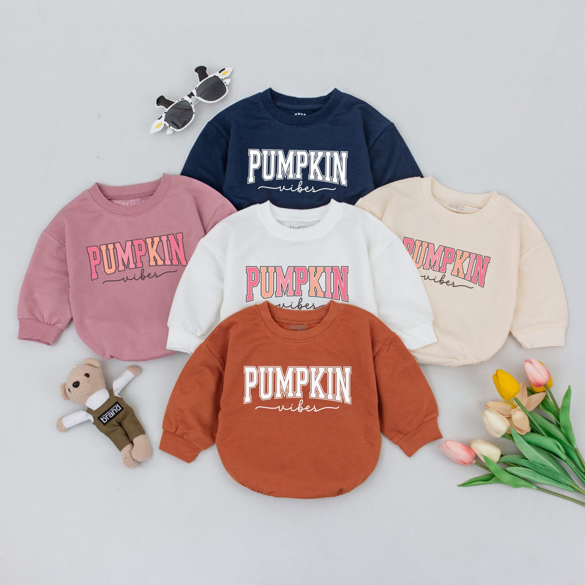 Pumpkin Vibes Baby Romper Natural Fall Harvest Bodysuit Cute Infant Outfit First Thanksgiving Gift Trendy Varsity Style Design
