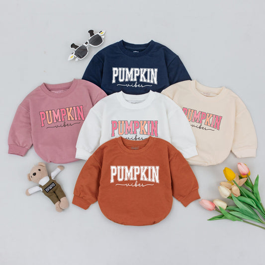 Pumpkin Vibes Baby Romper Natural Fall Harvest Bodysuit Cute Infant Outfit First Thanksgiving Gift Trendy Varsity Style Design