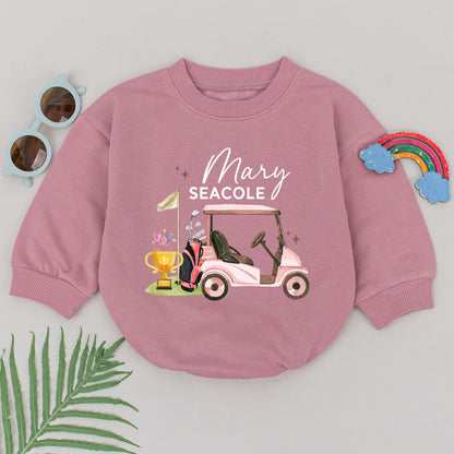 Future Golfer Baby Romper Personalized Pink Golf Cart Trophy Design Daddy's Little Caddy Outfit