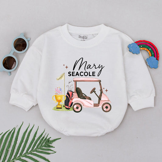 Future Golfer Baby Romper Personalized Pink Golf Cart Trophy Design Daddy's Little Caddy Outfit