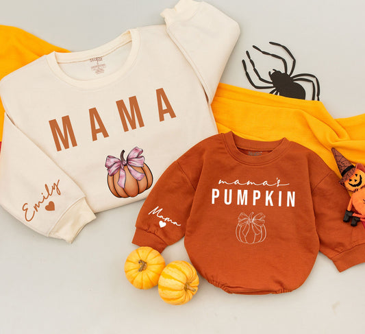 Matching Mama & Mama's Pumpkin Sweatshirts Mommy and Me Outfit Fall Thanksgiving Gift Custom Name Sleeve Heart Detail 140 Characters