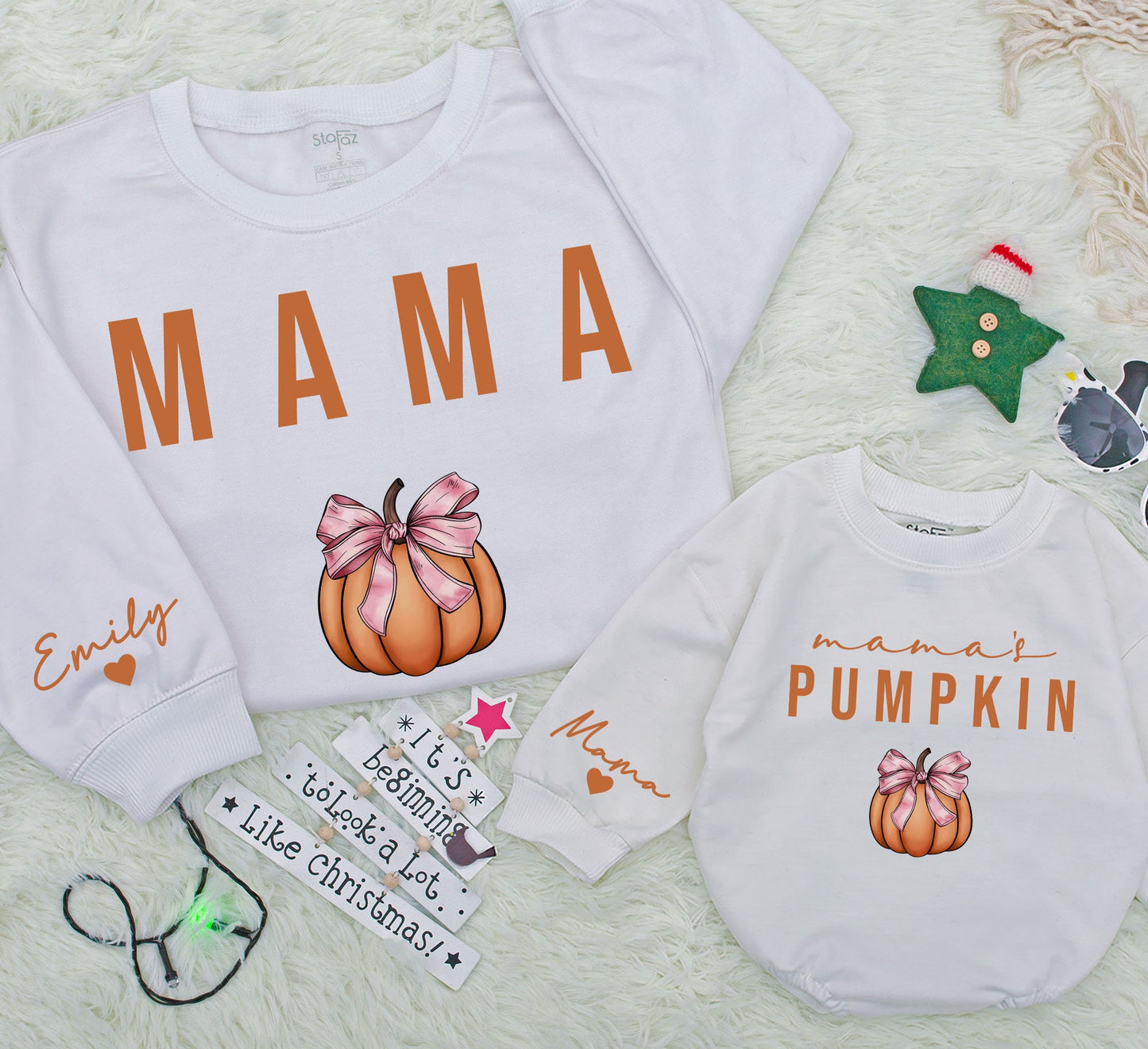 Matching Mama & Mama's Pumpkin Sweatshirts Mommy and Me Outfit Fall Thanksgiving Gift Custom Name Sleeve Heart Detail 140 Characters