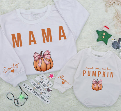 Matching Mama & Mama's Pumpkin Sweatshirts Mommy and Me Outfit Fall Thanksgiving Gift Custom Name Sleeve Heart Detail 140 Characters