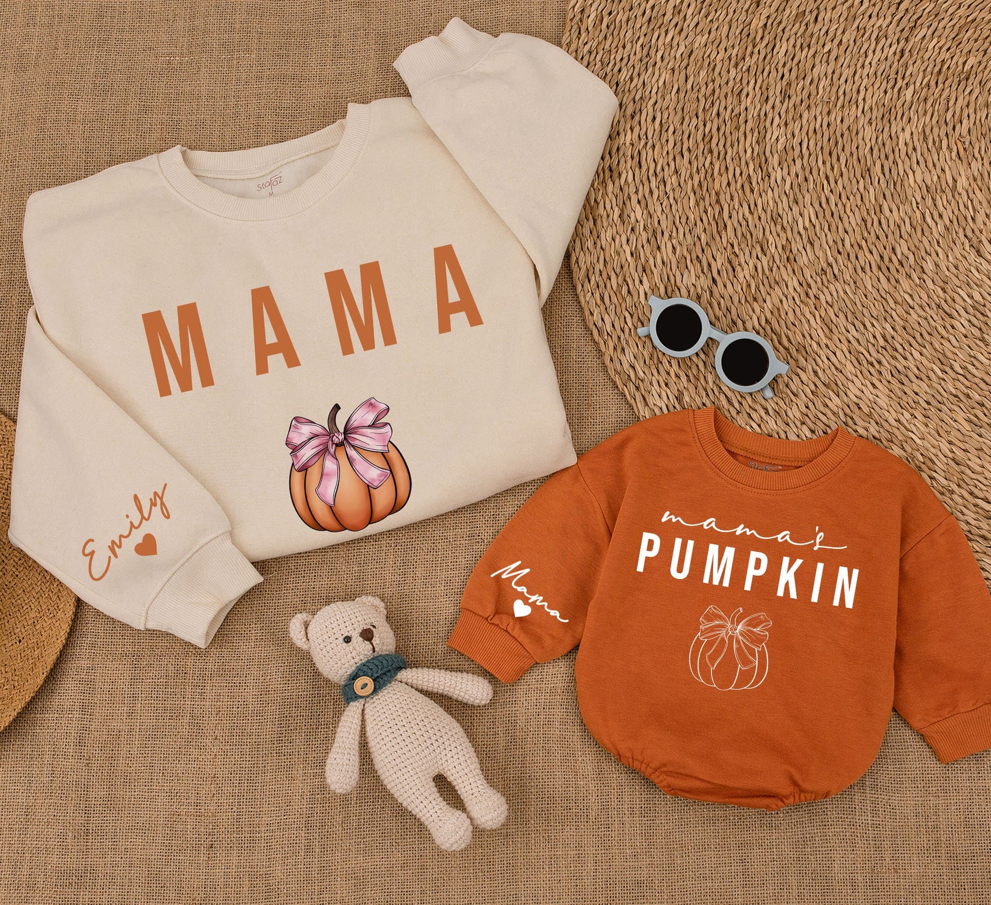 Matching Mama & Mama's Pumpkin Sweatshirts Mommy and Me Outfit Fall Thanksgiving Gift Custom Name Sleeve Heart Detail 140 Characters