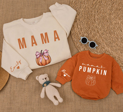 Matching Mama & Mama's Pumpkin Sweatshirts Mommy and Me Outfit Fall Thanksgiving Gift Custom Name Sleeve Heart Detail 140 Characters