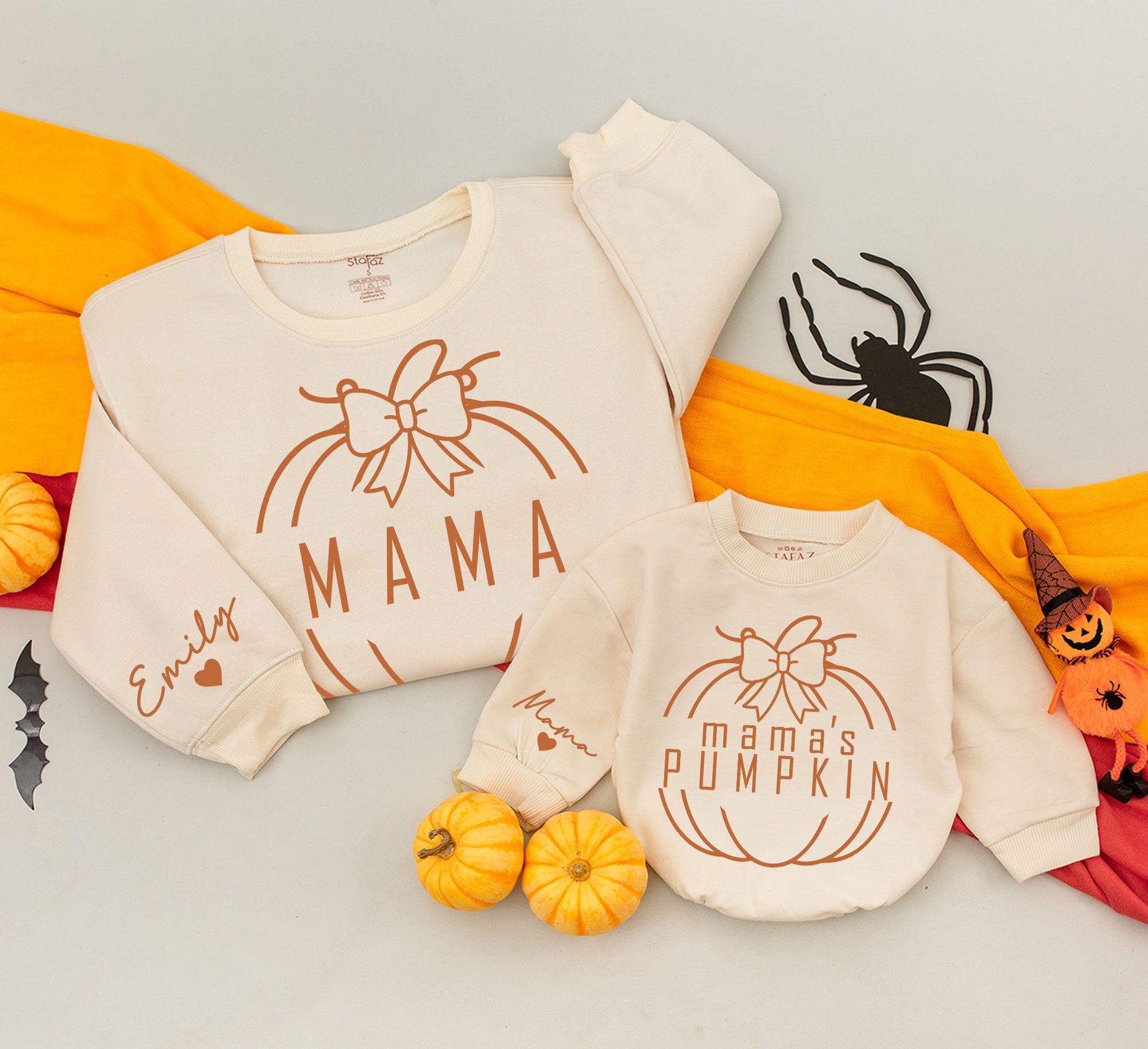 Custom Mama Pumpkin Sweatshirt & Baby Romper Matching Fall Outfits White Pumpkin Bow Design Personalized Name Sleeve Cozy Family Gifts