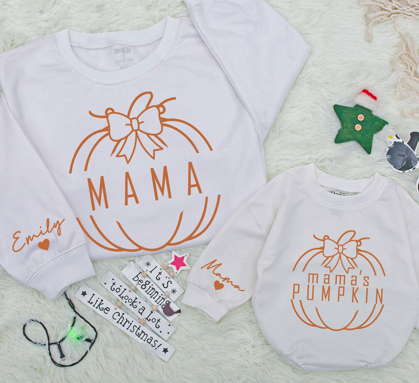 Custom Mama Pumpkin Sweatshirt & Baby Romper Matching Fall Outfits White Pumpkin Bow Design Personalized Name Sleeve Cozy Family Gifts