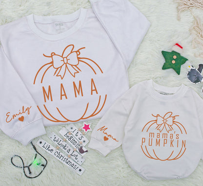 Custom Mama Pumpkin Sweatshirt & Baby Romper Matching Fall Outfits White Pumpkin Bow Design Personalized Name Sleeve Cozy Family Gifts