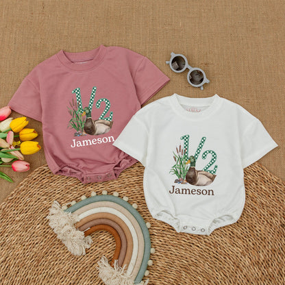 Lucky Duck Half Birthday Romper Mallard Duck Gingham 1/2 Design Jameson Brown Serif Soft Cotton Bubble Short Sleeve Celebration Gift for Baby