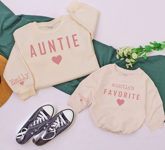 Personalized Auntie Favorite Sweatshirt with Name Custom Heart Design Aunt Niece Nephew Gift Comfort