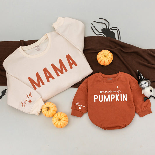 Pumpkin Patch Family Outfit: Mama Sweatshirt & Baby Romper Set  