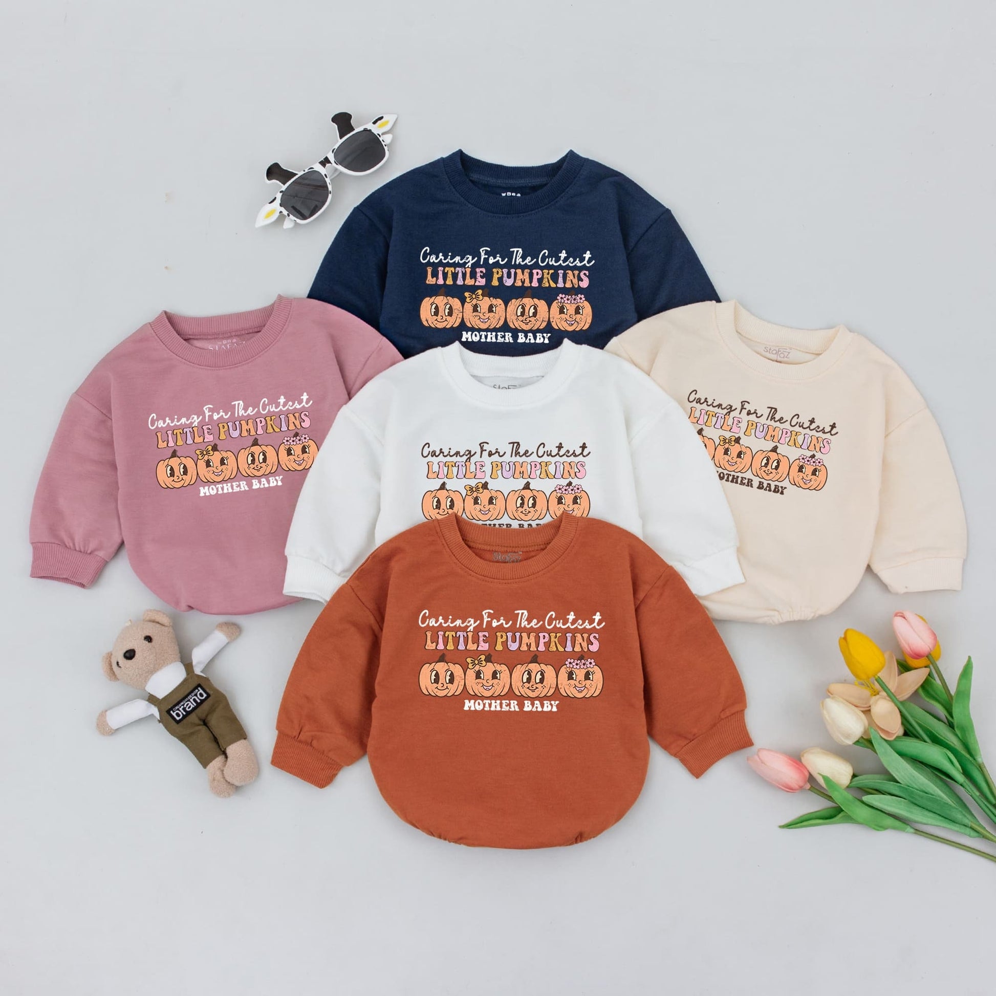 Caring For The Cutest Little Pumpkins Baby Romper Cute Fall Bodysuit Vintage Halloween Thanksgiving Outfit Pink Orange Brown Infant Gift