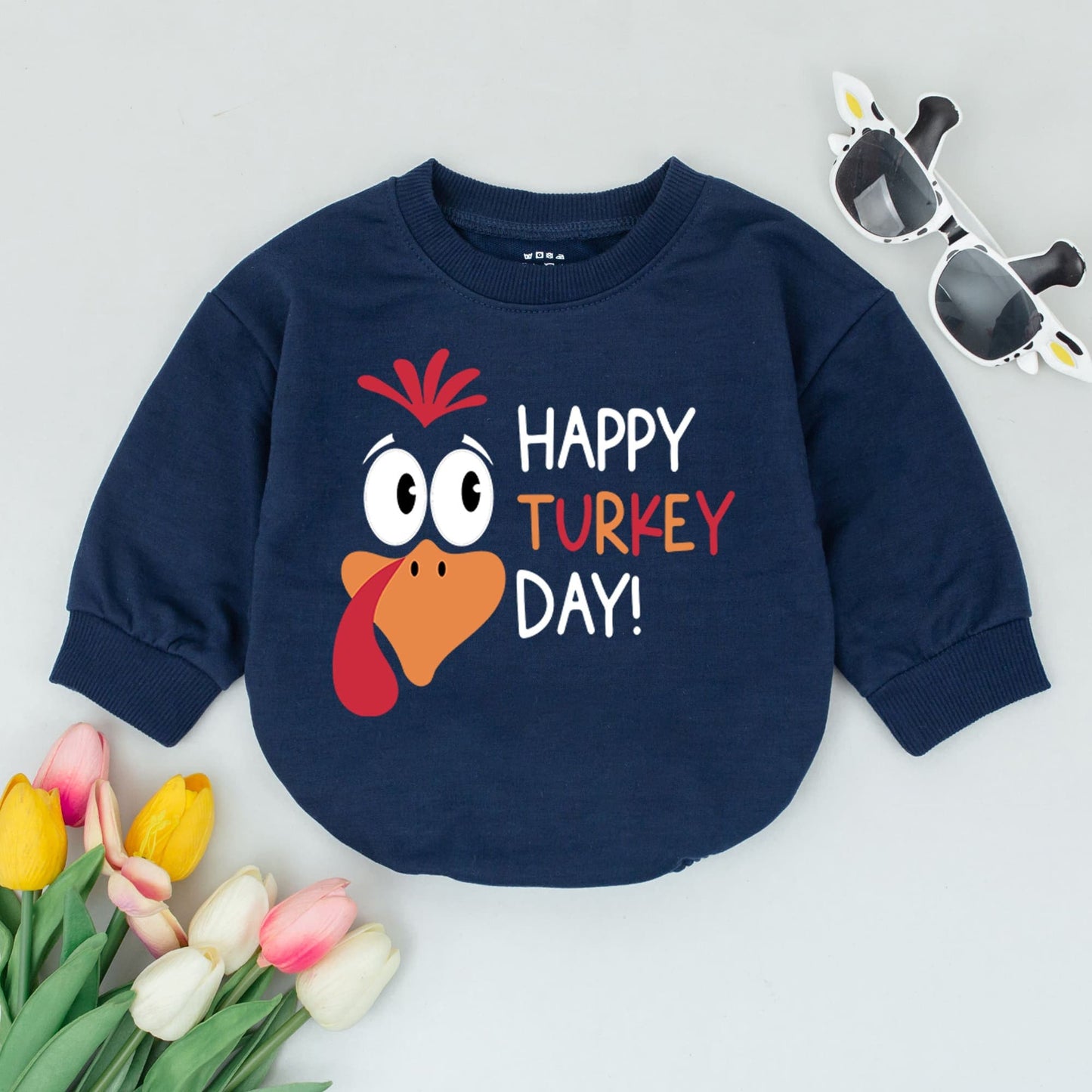 Happy Turkey Day Baby Romper Cute Cartoon Turkey Face & "Happy Turkey Day!" Text for First Thanksgiving Outfit