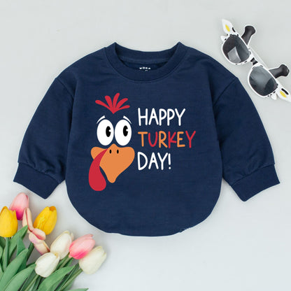 Happy Turkey Day Baby Romper Cute Cartoon Turkey Face & "Happy Turkey Day!" Text for First Thanksgiving Outfit